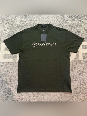 Louis Vuitton Men's Dark Olive Script Logo T‑Shirt